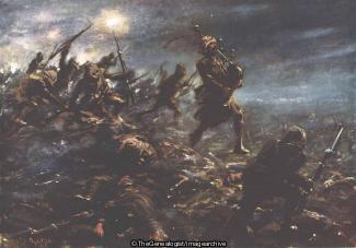 Piper Laidlaw marching up and down the parapet of his trench and playing his pipes to rally men shaken by the effects of gas (Hill 70, Loos, Piper Laidlaw, The Kings Own Scottish Borderers, WW1)