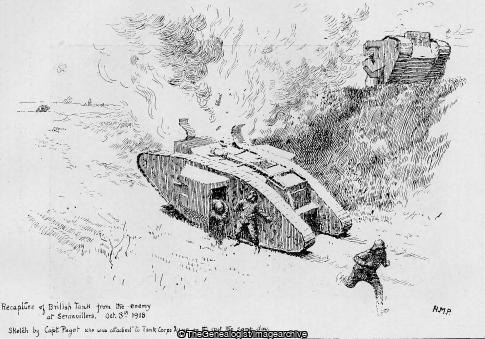 Recapture of British Tank from the Enemy at Seranvillers Oct 8th 1918 Sketch by Capt Paget who was attached to Tank Corps and Was on the spot the same day (France, Seranvillers, Tank, WW1)