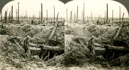 Red Fields of Slaughter Sloping Down to Ruins Black Abyss (3d, C1917, No Man's Land, Shattered Tree, Shell Hole, WW1)