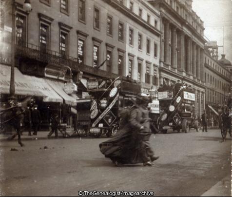 Regent Street, London 1907 (1907, England, horse and cart, London, omnibus, Regent Street)