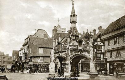 Salisbury City Cross and Silver Street (C1900, England, horse and cart, Horse drawn wagon, Market Cross, Salisbury, Silver Street, Wiltshire)