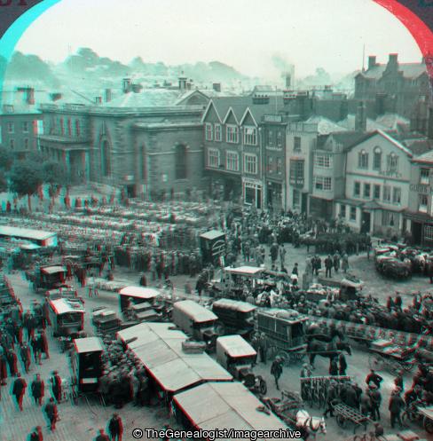 Salisbury Market (3d, C1920, Car, Cow, England, Guild Hall, horse and cart, Lorry, Market, Salisbury, Salisbury Market, Wiltshire)