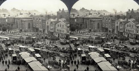 Salisbury Market (3d, C1920, Car, Cow, England, Guild Hall, horse and cart, Lorry, Market, Salisbury, Salisbury Market, Wiltshire)