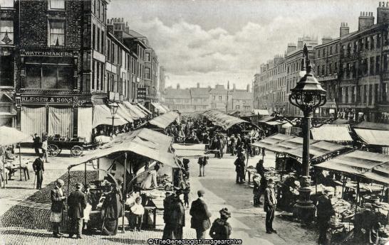 Saturday Market York 1908 (1908, Bell, England, Kleiser & Sons, Market, Newgate Market, Parliament Street, shop, Social, Watchmaker, York, Yorkshire)