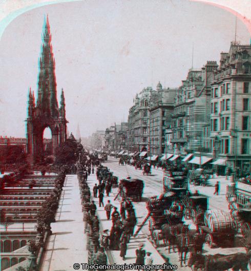Scotland Edinburgh Princes St 1896 (1896, 3d, Edinburgh, Horse and Carriage, horse and cart, Horse Drawn Omnibus, Midlothian, Princes Street, Scotland, Scott Monument, Walter Scott)