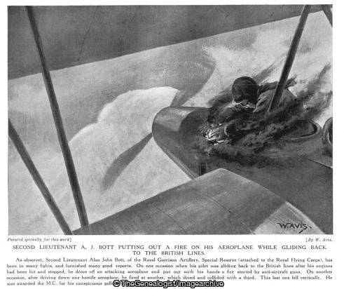 Second Lieutenant A J Bott putting out a fire on his aeroplane while gliding back to the British lines (Airplane, Royal Flying Corps, Royal Garrison Artillery, Second Lieutenant Alan John Bott, WW1)