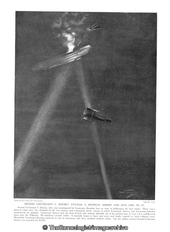 Second Lieutenant F Sowrey Attacks a Zeppelin Airship and sets it on fire to it (Lieutenant Brandon, Second Lieutenant F Sowrey, WW1, Zeppelin)