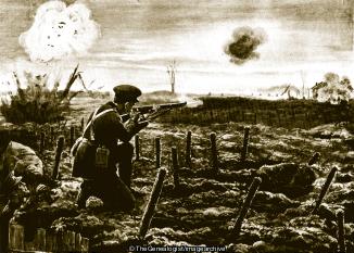 Second Lieutenant Hallowes firing at the enemy from the open as they advanced down a communication trench (Middlesex Regiment, Second Lieutenant Rupert Price Hallowes, WW1)