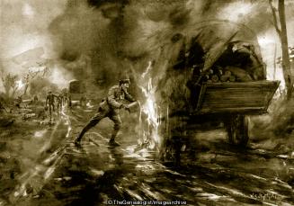 Sergeant Doyle extinguishing the flames in a loaded ammunition wagon which had caught fire (31st Heavy Battery, Royal Garrison Artillery, Sergeant J Doyle, WW1)