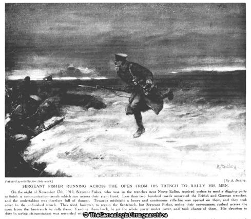 Sergeant Fisher running across the open from his trench to rally his men (Belgaum, Neuve Eglise, Nieuwkerke, Sergeant Fisher, WW1)