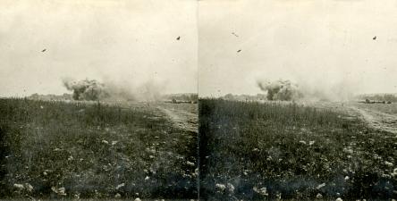 Shells Bursting in Ruined French Village (3d, Artillery, C1915, No Man's Land, Refugees, Ruins, Shell burst, Village, WW1)
