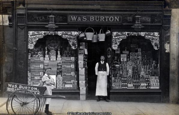 Shop front 326 Cricklewood Lane W and S Burton ( grocer,  W&S Burton, boy, Cricklewood Lane, handcart, rowntree, shop, Tea)