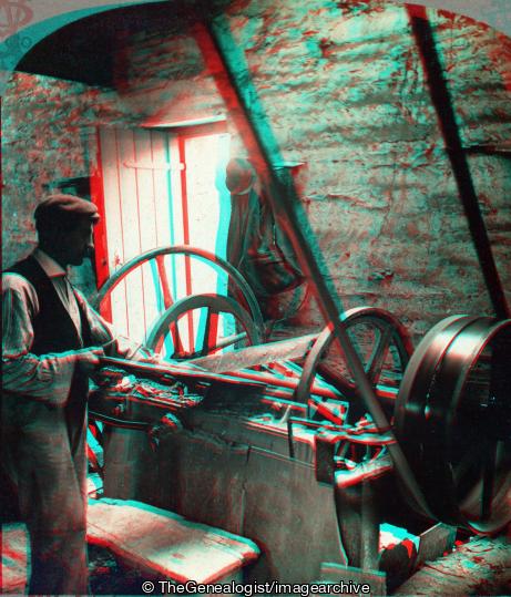 Slate Mill interior with person cutting (1904, 3d, C1900, Festiniog, merionethshire, Slate Cutter, Slate Mill Worker, Wales)