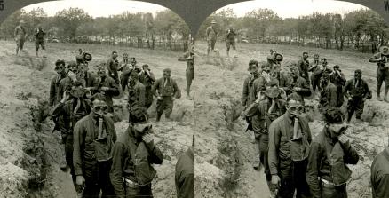 Soldiers about to enter Tear-Gas Trench Camp Dix NJ (3d, American, C1917, Fort Dix, Gas Mask, New Jersey, Soldiers, Tear Gas, Trench, U.S.A., WW1)
