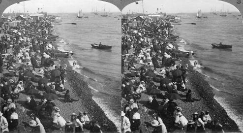 Southsea Holiday throngs 1930s (3d, Beach, C1930, England, Hampshire, Rowing Boat, Social, Southsea Beach)