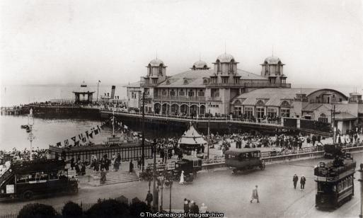 Southsea South Parade Pier 1928 (1928, Charabanc, England, Hampshire, omnibus, Pavilion, Pier, South Parade, Southsea, tram)