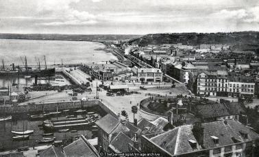 St Helier looking west, Jersey (C1910, Channel Islands, Harbour, horse and cart, Jersey, Port, sailing boat, St Helier, St Helier Harbour, St Helier Town, steam engine, Steamer)