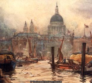 St Pauls Cathedral, London (Barge, Cathedral, City of London, England, London, Painting, River, St Paul, Thames)