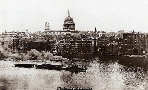 St Pauls from the Thames 1932 (1932, Barge, Cathedral, England, London, St Pauls Cathedral, Steam Boat, Thames, Tug Boat)