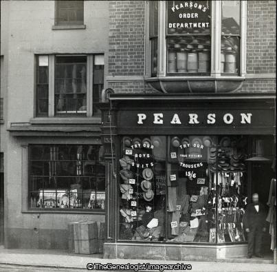 Staffs Newcastle Pearson Trousers and Hats 1890s ( Merrial Street, C1890, Menswear, newcastle-under-lyme, Red Lion Square, shop, Staffordshire)
