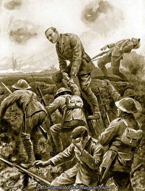 Temporary Major S W Loudoun-Shand helping men over the parapet while exposed to very fierce machine gun fire (Temporary Major Stewart Walter Loudoun-Shand, WW1, Yorkshire Regiment)