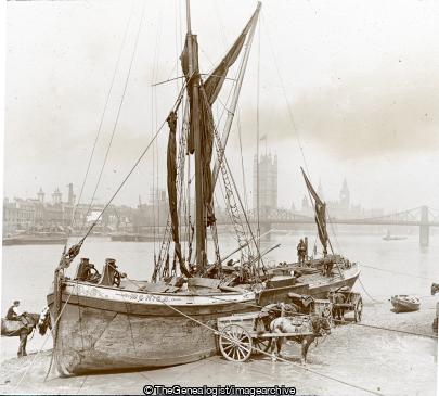 Thames barge with carts (Barge, Big Ben, England, horse and cart, Houses of Parliament, London, Monica, River, Thames, Thames barge)