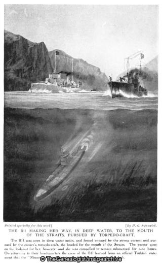 The B11 making her way in deep water to the mouth of the straits pursued by torpedo craft (B11, Messoudieh, WW1)
