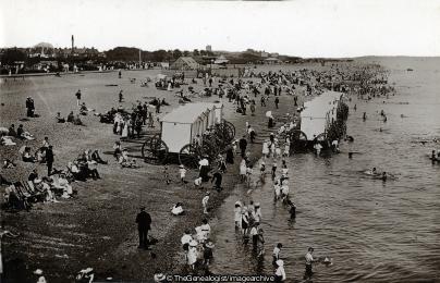 The Beach Southsea 1911 (1911, Bathing Machine, Beach, England, Hampshire, Southsea, Southsea Beach, Spithead)