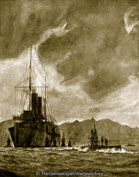 The British submarine B11 leaving her parent ship to attempt the passage of the Dardanelles (B11, Dardanelles, Lieutenant Norman Douglas Holbrook, WW1)