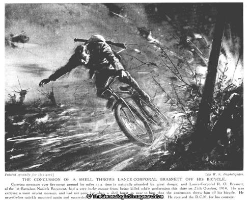 The Concussion of a shell throws Lance corporal brasnett off his bicycle (bicycle, Lance corporal brasnett, WW1)