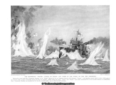 The destroyer 'Nestor' closes to within 1000 yards of the enemy to fire the torpedoes (Navy, Nestor, Nicator, WW1)