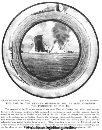 The end of the German destroyer S116 as seen through the periscope of the E9 (E9, S116, WW1)