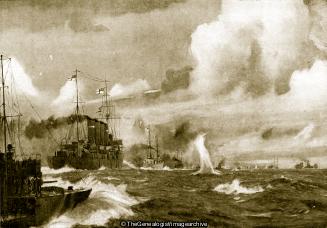 The First Light Cruiser Squadron led by Commodore W E Goodenough in the 'Southampton' reinforce the 'Fearless' and the 'Arethusa' (Arethusa, Battle of Heligoland Bight, Commodore W E Goodenough, Fearless, First Light Cruiser Squadron, Southampton, WW1)