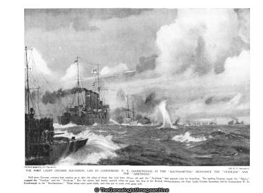 The First Light Cruiser Squadron led by Commodore W E Goodenough in the 'Southampton' reinforce the 'Fearless' and the 'Arethusa' (Arethusa, Battle of Heligoland Bight, Commodore W E Goodenough, Fearless, First Light Cruiser Squadron, Southampton, WW1)