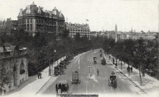 The Hotel Cecil and Victoria Embankment C1905 (C1905, Cleopatras Needle, Hansom Cab, horse and cart, Hotel Cecil, Victoria Embankment)