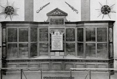 The Memorial to those of the 'Sixth' who fell in the war 1914 - 1918 Surrounding the Memorial to those who died in the South African War (, 6th Battalion, Cast Iron Sixth, City of London Rifles, London Regiment, St Sepulchre Church, War Memorial, WW1)