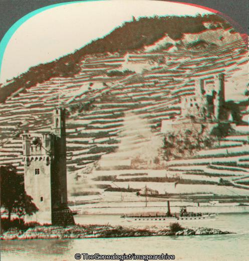 The Mouse Tower and Ehrenfels Castle on the Rhine Germany ( Rhine, 3d, Ehrenfels Castle, Germany, Mouse Tower)