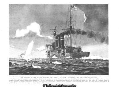 The opening of the action between the Kent and the Nurnberg off the Falkland Islands (Falkland Islands, Kent, Nurnberg, WW1)