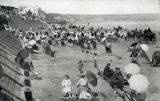 The Sands Filey (1/2d, 1911, 45 Lyme Grove, Beach, Cheshire, Deck Chair, England, Filey, Graham, James, Mr, parasol, Romiley, Yorkshire)