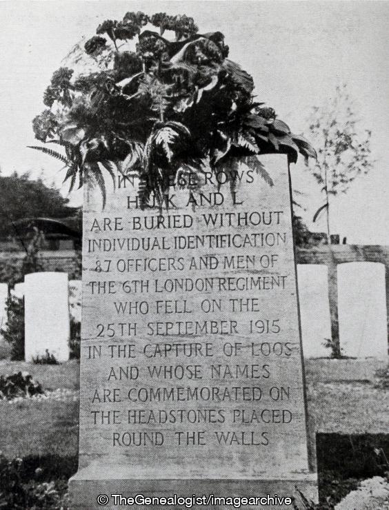 The Stone erected by the imperial War Graves Commission in the Cemetery at Maroc near to mark the common grave of some of the Officers and Men of the First battalion who fell in the battle (6th Battalion, Cast Iron Sixth, City of London Rifles, France, Grenay, London Regiment, Maroc, Maroc British Cemetery, Nord-Pas de Calais, WW1)