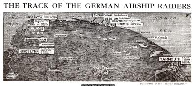 The track of the German Airship Raiders Text P28 (19/01/1915, Airship, Bomb, England, German, Norfolk, WW1, Zeppelin)