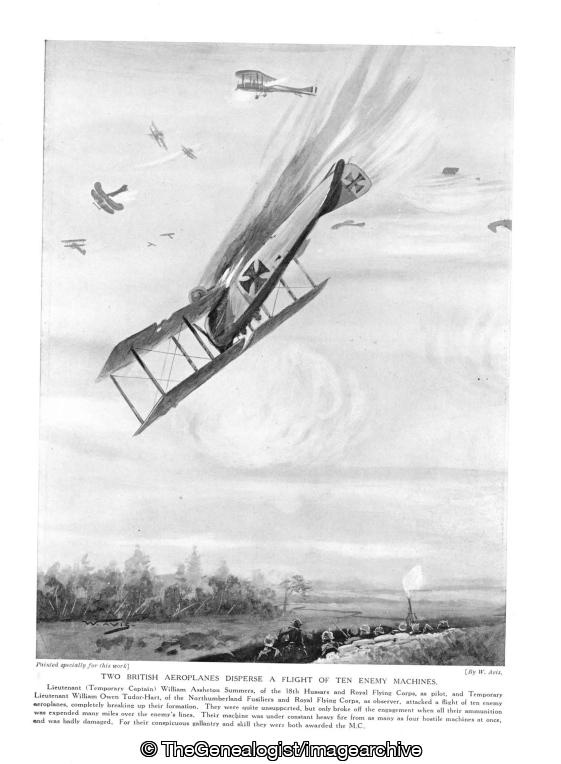 Two British aeroplanes disperse a flight of ten enemy machines ( 18th Hussars, Airplane, Lieutenant William Assheton Summers, Lieutenant William Owen Tudor-Hart, Northumberland Fusiliers, Royal Flying Corps, WW1)
