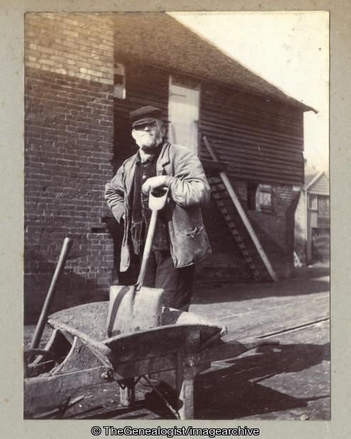 workman with wheelbarrow (Builder, Shovel, Wheelbarrow, Workmen)