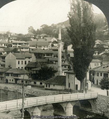WWI - Sarajevo Jugoslavia scene of murder of Crown Prince (3d, Bosnia, Bridge, Franz Ferdinand, Gavrilo Princip, Minaret, Sarajevo , WW1, Yugoslavia)
