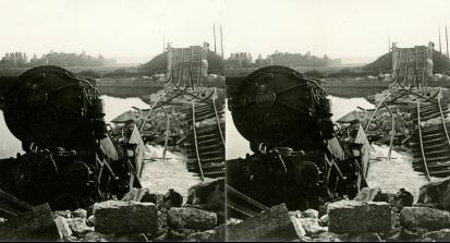 WWI - Tangled Ruins of Marne Bridge Blown Up by Germans and Red Cross Train Wreck (3d, Bridge, Destroyed, Marne, Railway, steam engine, Train, vehicle, Wrecked, WW1)