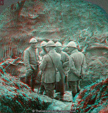 WWI - Tatoi Trenches in the Croisettes Wood Showing Officers in Consultation Just Half an Hour Before the Attack on the Somme Line (1916, 3d, Battle of the Somme, Consultation, Croisettes Wood, Tatoi Trenches, Trench, WW1)