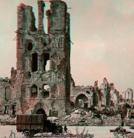 WWI - Ypres Cathedral in Ruins British Lorry in Foreground (3d, Belgium, Cathedral, Lorry, vehicle, WW1, Ypres, Ypres Cathedral)
