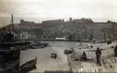 Yorkshire Whitby from the station fishermen mending nets 1920 (C1920, England, Fisherman, Fishing Boat, St Mary, Vessel, Whitby, Whitby Abbey, Yorkshire)