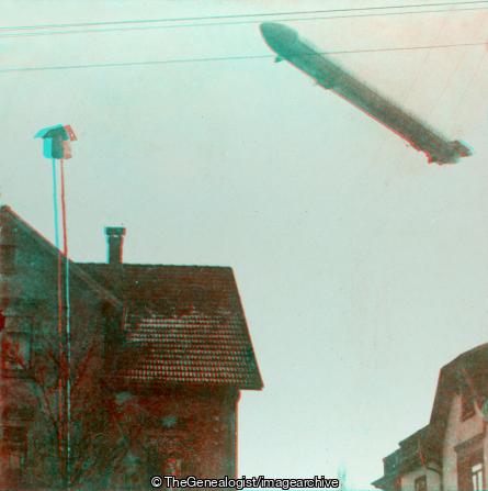 Zeppelin Flying Over a German Town Lower Valley of the Rhine (3d, Airship, C1917, Germany, North Rhine-Westphalia, WW1, Zeppelin)